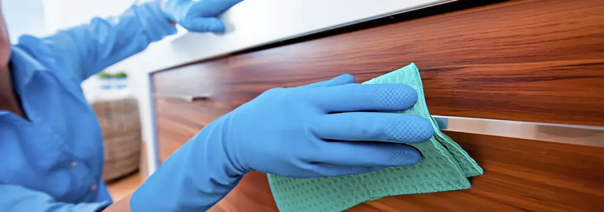 Cleaner wearing blue gloves wiping a wooden cabinet drawer with a microfiber cloth for dust and grime removal, Chicago, IL.